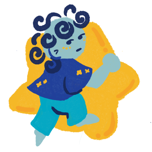 small blue child climbing onto a yellow star