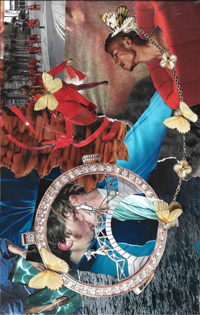 A collage using the golden ratio displaying blues and reds.