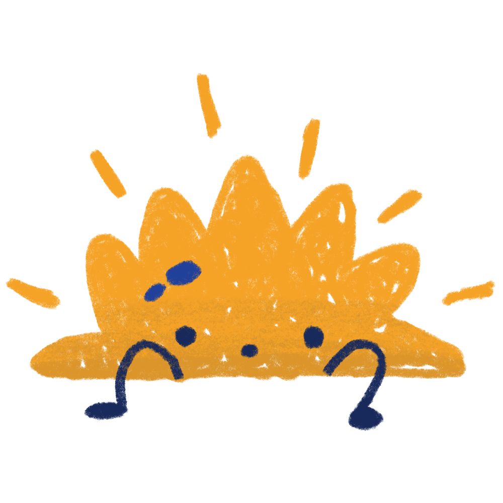 Yellow sun with skinny black legs and two sun spots. He is rising above the horizon.