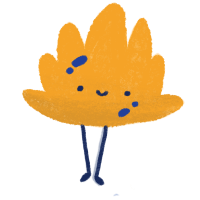 Yellow sun with skinny black legs and two sun spots. He has a simple smile.