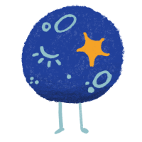 A dark blue full moon with a right eye and light blue craters. Her left eye is a five pointed star and she has two skinny legs.