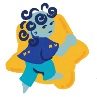 small blue child climbing onto a yellow star